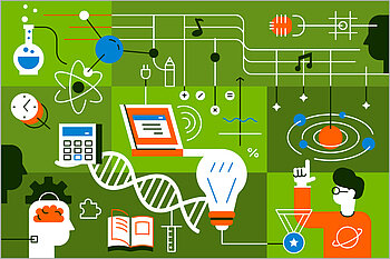 Illustration mit wissenschaftlichen Symbolen, z.B. Reagenzglas, Taschenrechner, DNA