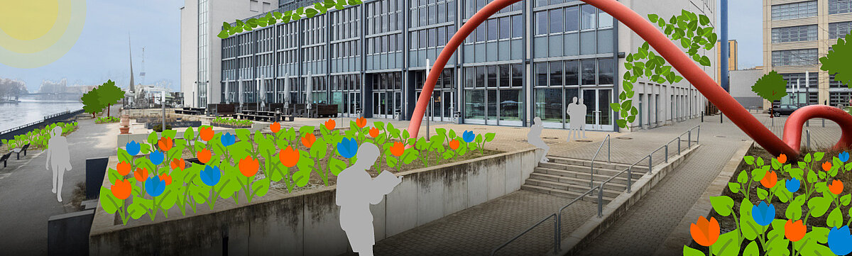 Ansicht Campus Wilhelminenhof mit grünen Ergänzungen 