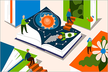 Illustration: Person schlägt ein wissenschaftliches Buch auf