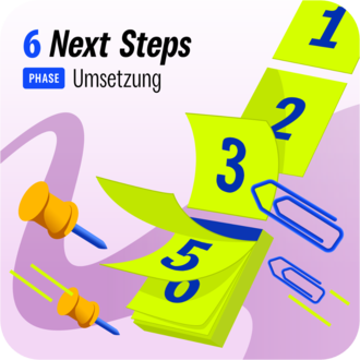 Next Steps (Umsetzung) – Nummerierte Seiten und Pinnnadeln, die Bewegung und Planung symbolisieren. Steht für die Umsetzung der nächsten Schritte. 