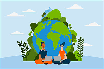 Illustration: Zwei Personen mit Laptops vor einem Globus