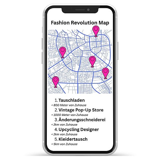 Smartphone-Screen mit der „Fashion Revolution Map“, auf der eine Stadtkarte mit Standortmarkierungen und eine Liste nahegelegener Angebote wie Tauschladen, Vintage Pop-up Store, Änderungsschneiderei, Upcycling Designer und Kleidertausch angezeigt werden.